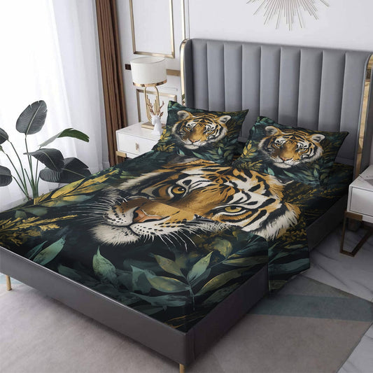 NOGAWA Tiger Sheets Queen Size, Jungle Animal Bed Sheets, Wild Animal Bedding Sheets & Pillowcases 4 Piece Set - Microfiber Deep Pocket Fitted Sheet & Flat Sheet & 2 Pillow Cases