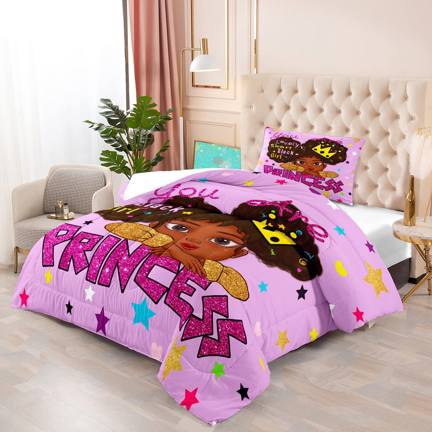 Jiospet Black Girl Comforter Sets Twin -African Girls Comforter for Kids Cute Bedding Sets for Princess Room Decor for Girls Bedroom
