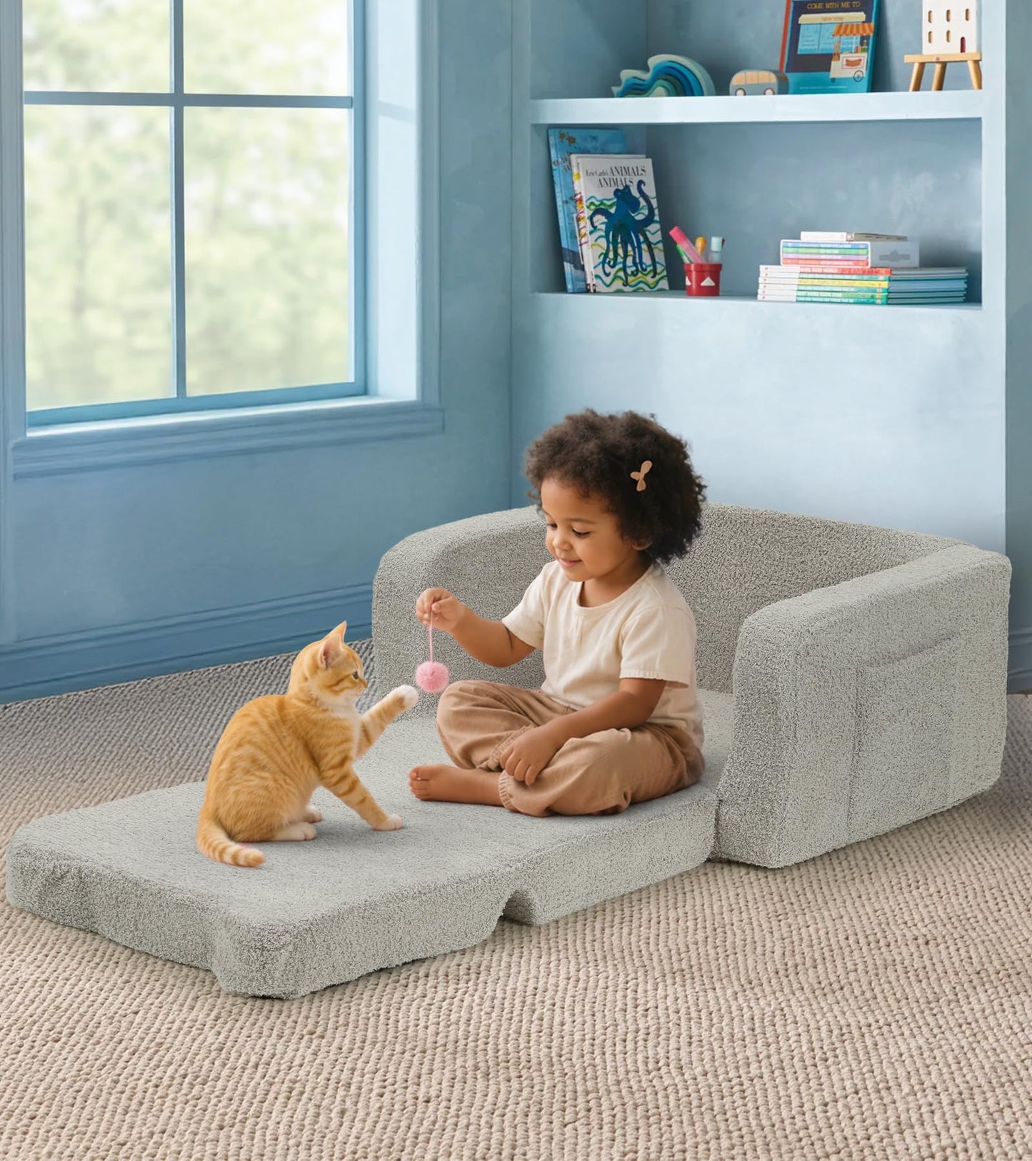 Foryoomi Upgraded Kids Couch, 2-in-1 Soft Top-Flip Fold Out with Blanket, Comfy Convertible Plush Sofa Chair, Great Gifts for Little Ones, Husky