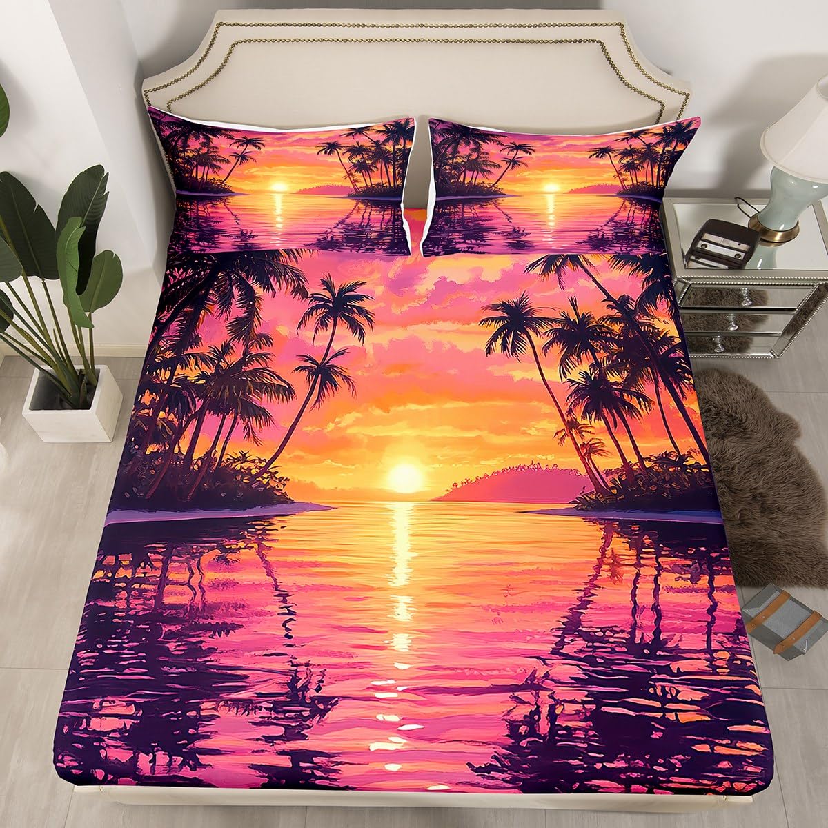 jejeloiu Purple Beach Theme Fitted Sheet Full Size Kids Palm Leaf Bed Sheets Set for Boys Girls Teens Sea Ocean Wave Summer Natural Scenery Bedding Set Room Decor