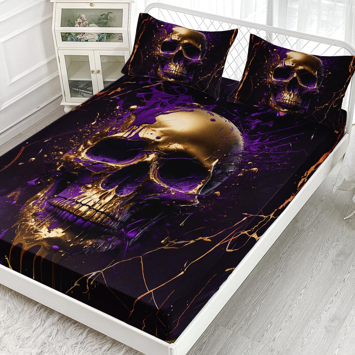 AILONEN Black Gold Skull Fitted Sheet Set Queen Size,Purple Skeleton Goth Soft Fitted Sheet + 2 Pillowcases for Boys Girls,3 Pieces