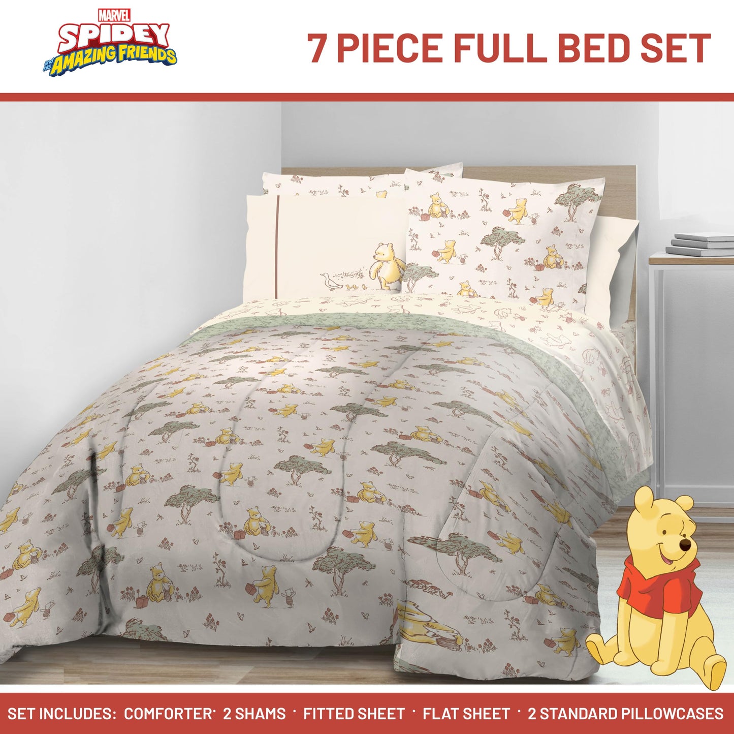 Jay Franco Kids Bed Set, Beige, Winnie The Pooh, 7 Piece Full