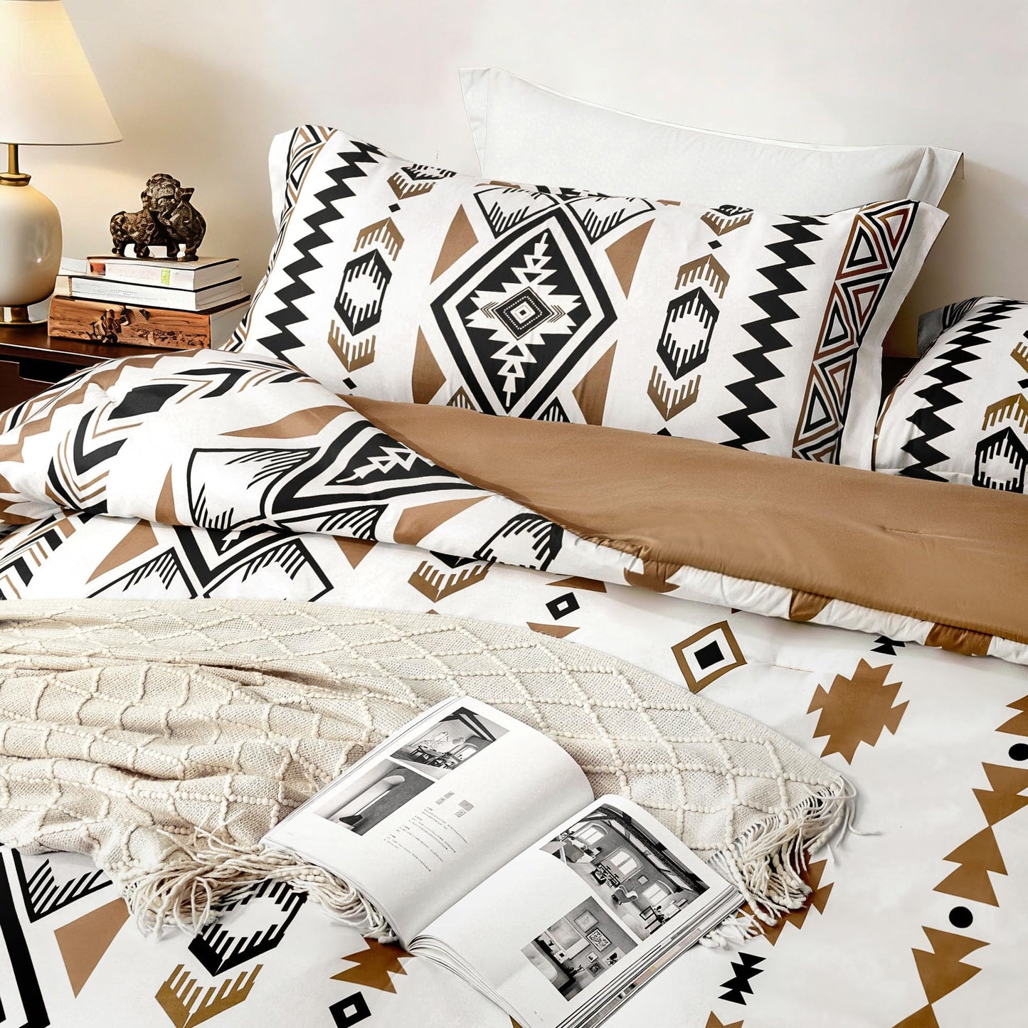 Tyrot King Comforter Set – 3 Piece Brown Boho Aztec Bedding, Western Southwestern Style Comforter Sets, Soft Lightweight Comforter for All Seasons, 1 Comforter & 2 Pillow Shams