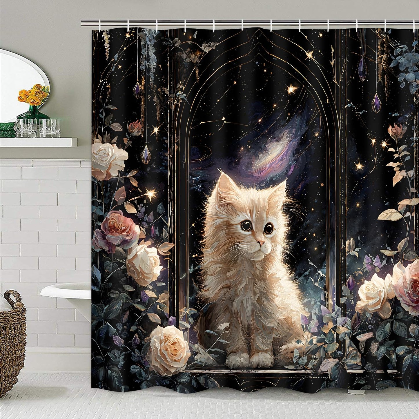 4Pcs Cat Starry Shower Curtain Sets with Non-Slip Rugs, Toilet Lid Cover and Bath Mat, Rose Pet Pattern Home Bathroom Decor Set Accessories Waterproof Shower Curtains with 12 Hooks, 72 x 72 Inch