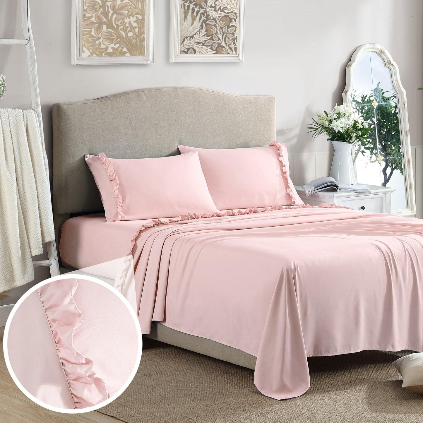 Swift Home Ultra-Soft Elegant 2-inch Ruffled Hem Design on Flat Sheet and Pillowcases, Wrinkle Resistant, Fade Resistant, Deep Pocket, Double Brushed 4-Piece Microfiber Sheet Set - King, Rose Blush