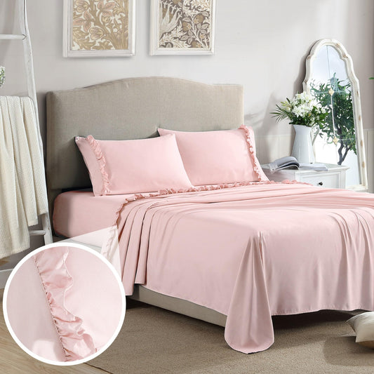 Swift Home Ultra-Soft Elegant 2-inch Ruffled Hem Design on Flat Sheet and Pillowcases, Wrinkle Resistant, Fade Resistant, Deep Pocket, Double Brushed 4-Piece Microfiber Sheet Set - King, Rose Blush