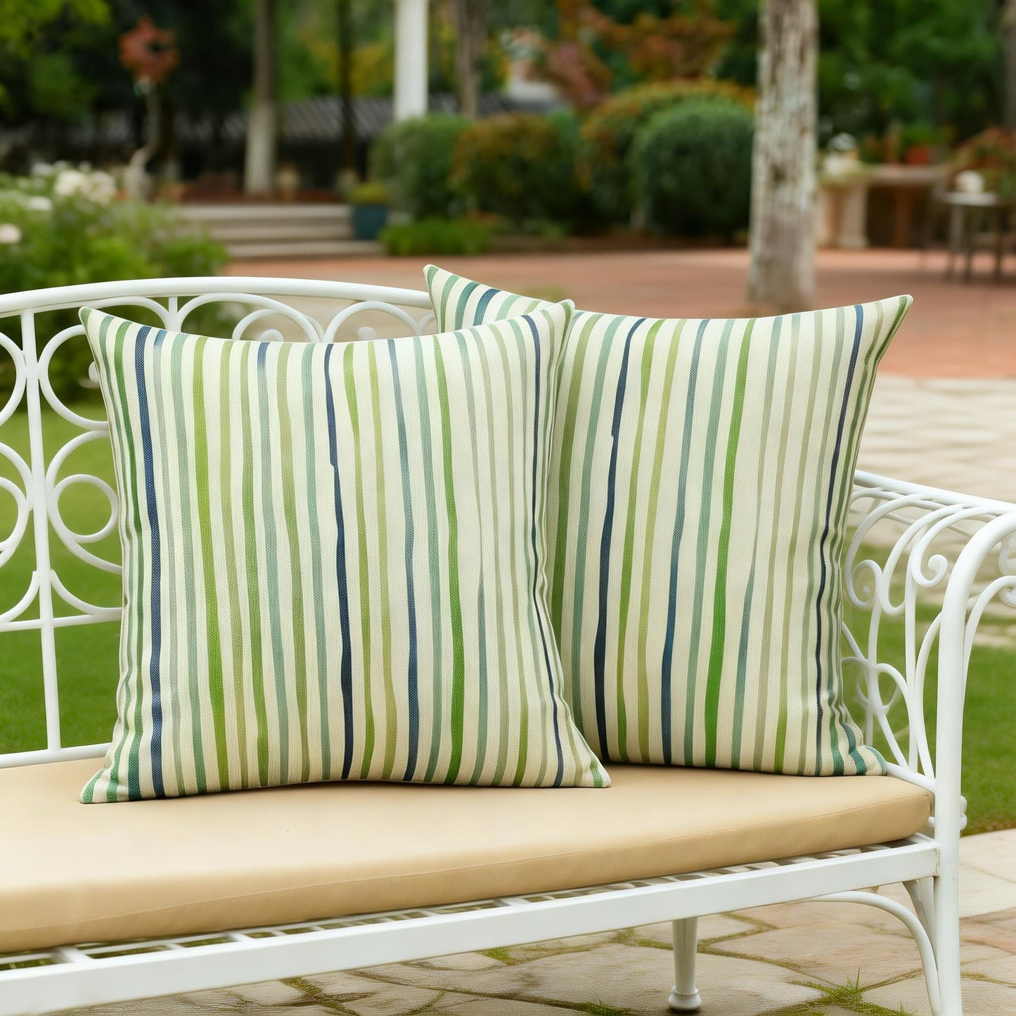 All Smiles Spring Outdoor Waterproof Throw Pillow Covers 18x18 Set of 2 Green Sunbrella Decorative Cushion Cases Porch Decor for Patio Bench Garden Furnitures Couch Sofa,Sage Green Lines Stripes
