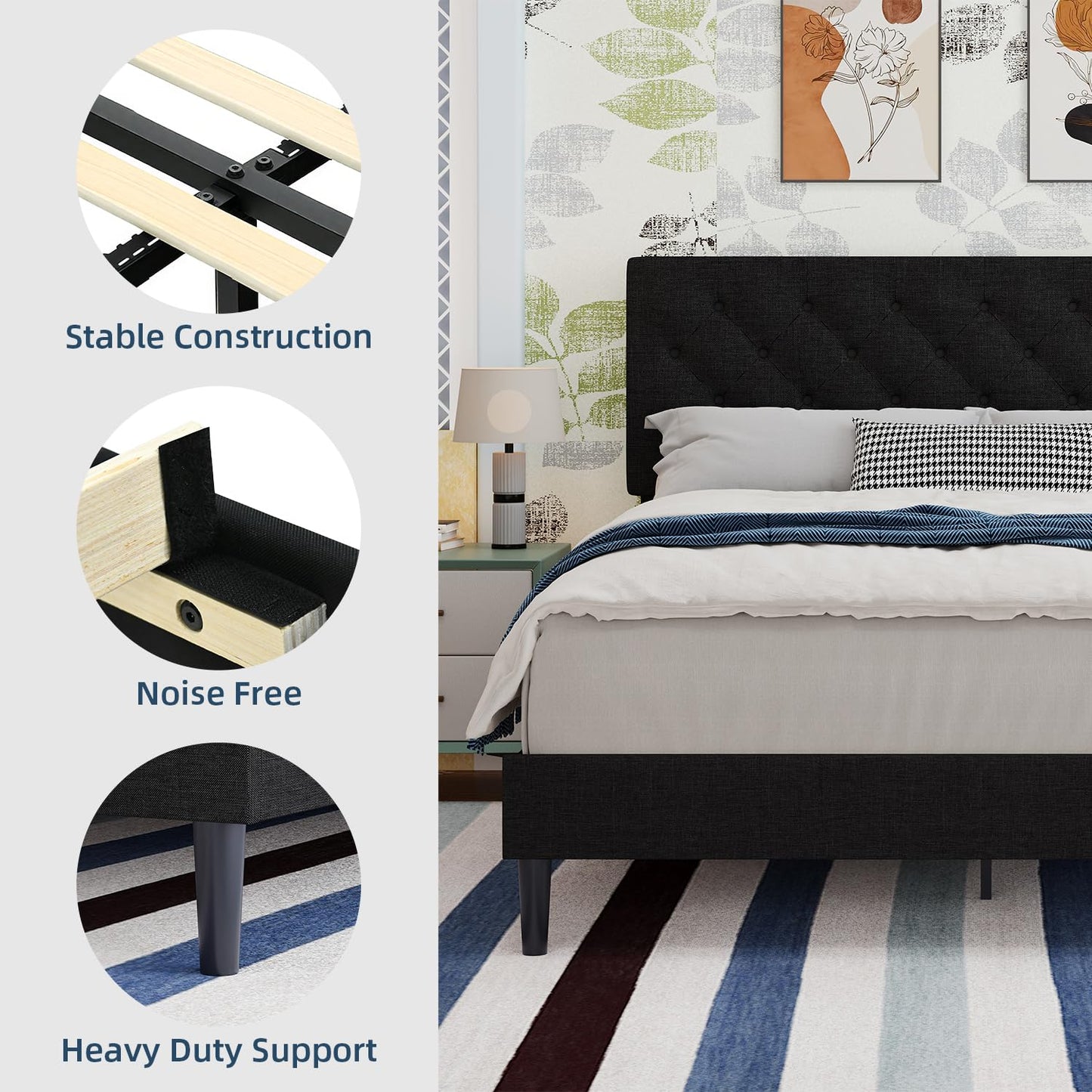 BarnFurin Queen Bed Frame, Upholstered Platform Bed with Button Tufted Headboard, Fabric Bed Frame with Wooden Slats Support, No Box Spring Required, Easy Assembly, Black