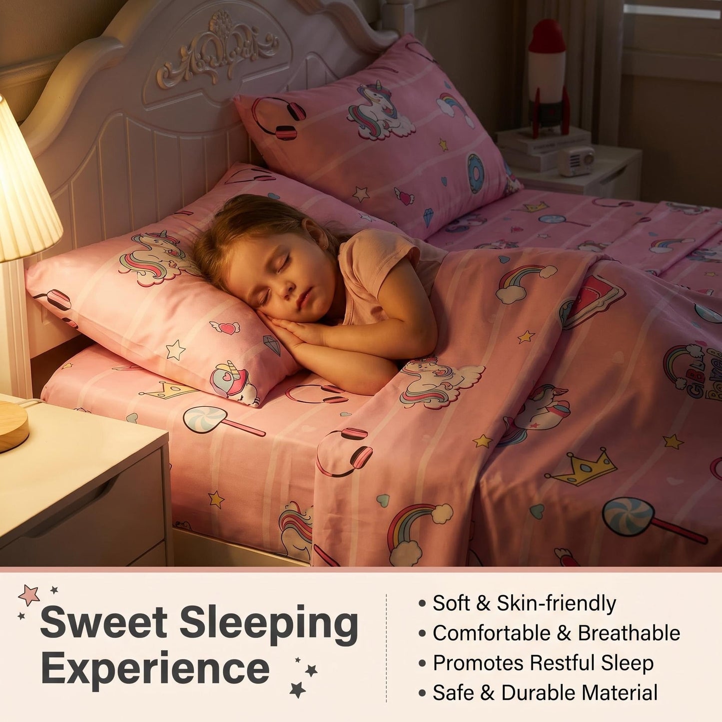 Ocharo Kids Pink Unicorn Full Size Sheet Set,4 Pieces Soft Microfiber Bed Sheets with Rainbow Stars Pattern,Deep Pockets Wrinkle Free,Breathable Fitted Sheet Fade Resistant for Toddlers