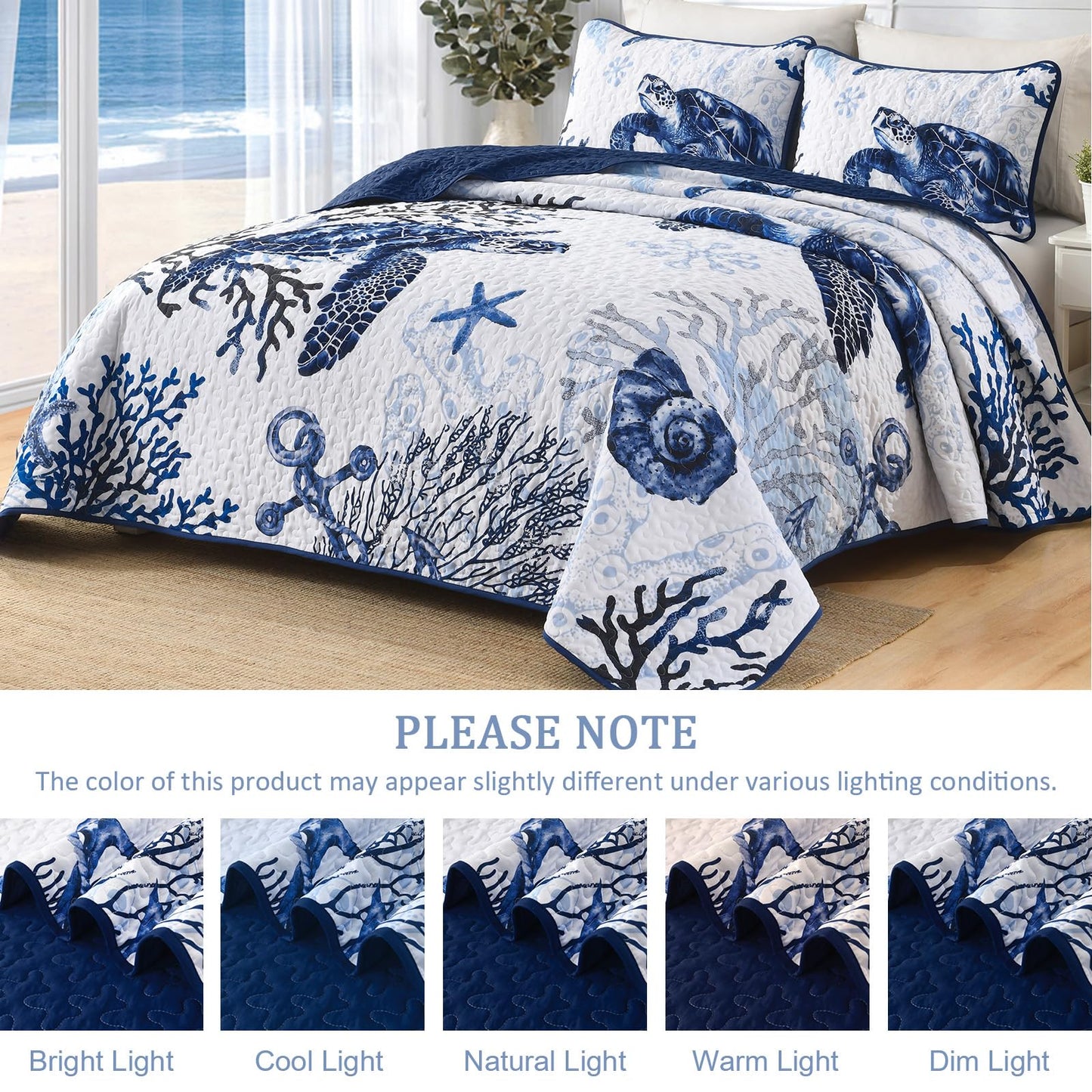 DJY Coastal Quilt Sets King Size 3 Piece, Beach Beach Nautical Bedspreads Coverlet with 2 Shams Soft Lightweight Microfiber Blue Bedding Summer Comforter Set for All Season