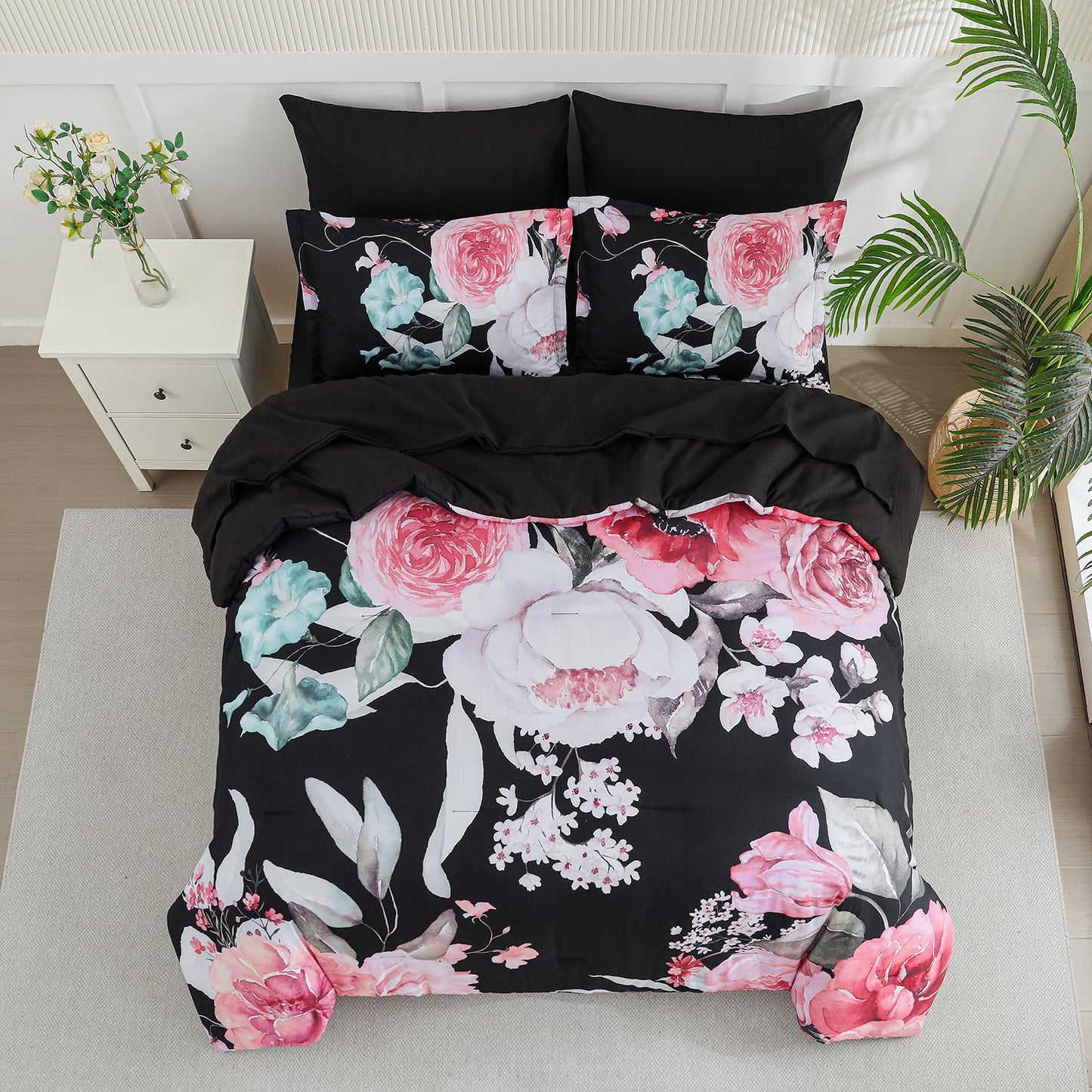 Yogeneg King Size Comforter Set 7 Piece Bed in a Bag,Pink Floral Botanical Pattern Black Bedding Set,Soft Microfiber Comforter with Sheet Set,All Season Bed Set(Pink,King)