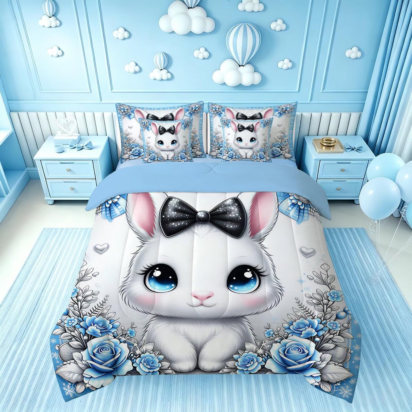 FUYEUN Rabbit King Comforter Set with Sheets for Kids Boys Girls Print 7 Pieces Cute Bedding Set Blue Cartoon Animal Bed in a Bag Princess Room Decor