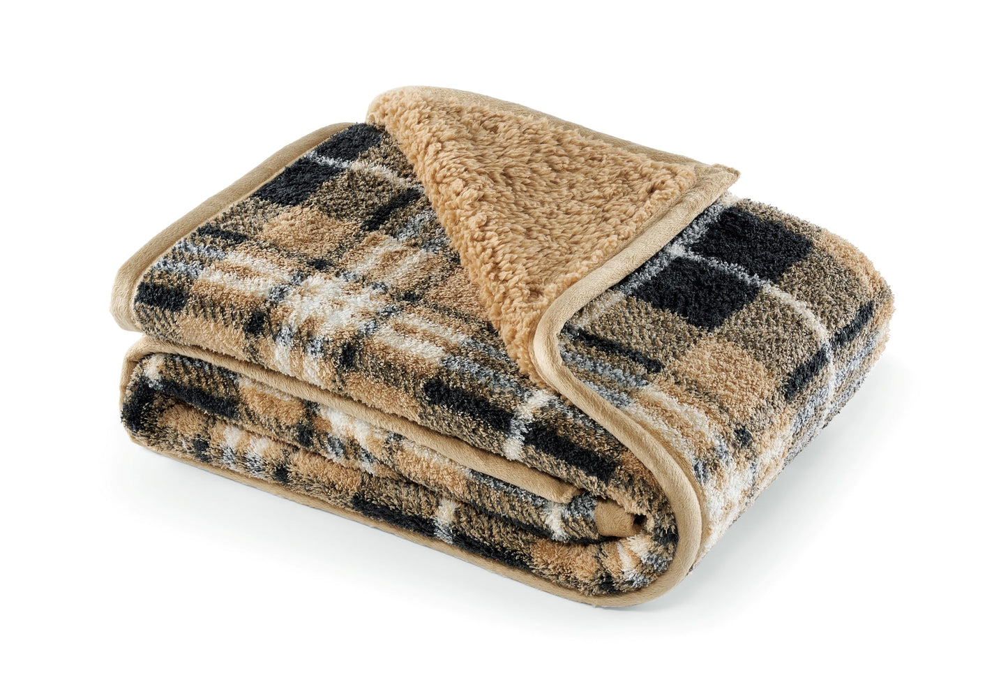 CBCHome Reversible Soft Sherpa Throw Blanket - Cute and Cozy Thick Throw for Couch, Warm Gifts for Women (Tan and Black Plaid, 50" x60")