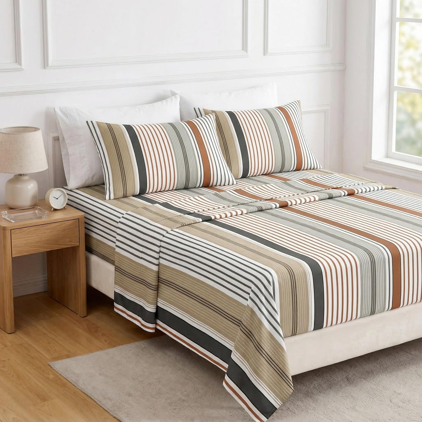 HCORA Striped King Sheet Set, Ultra Soft Double Brushed Microfiber Bed Sheets, Deep Pocket, Breathable, Wrinkle Resistant, Easy Care, 4PC, King