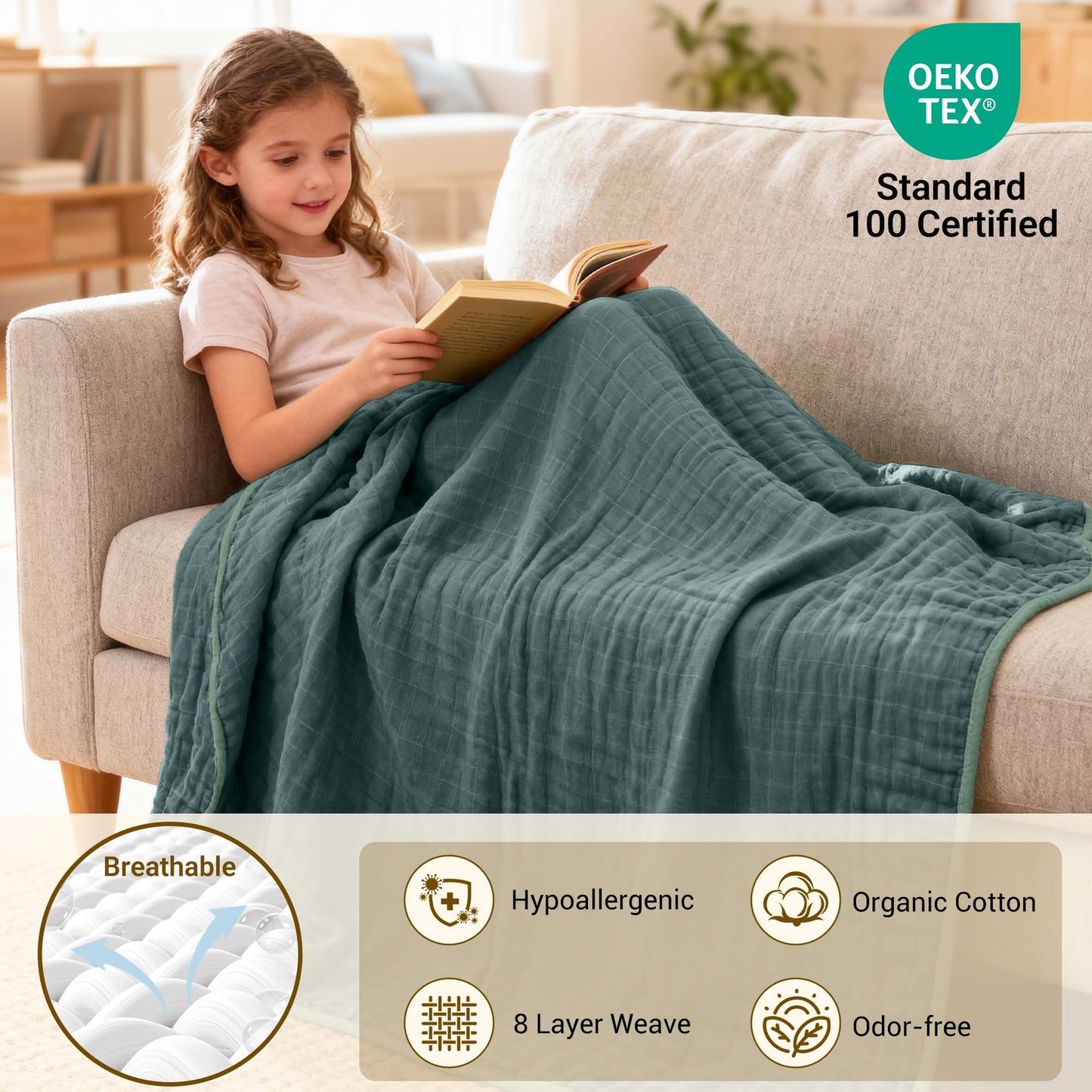 ZPECC Muslin Toddler Blanket Thicker, 47x47 Organic Cotton Kids Quilt Hypoallergenic for Baby Essentials Crib Stroller Daycare Cot, Dark Green