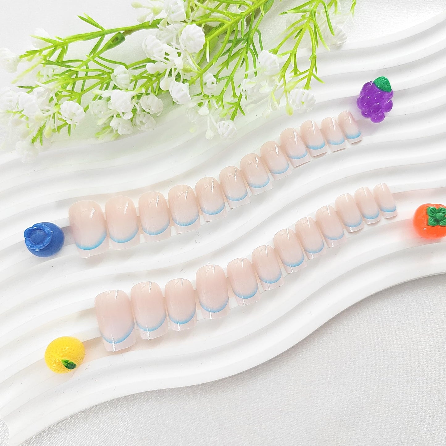 White French Tip Press on Nails Square Medium Fake Nails with Blue Lines Design Glue on Nails Nude Gradient Accrylic Nails Press ons Glossy Artificial Stick on Nails for Women 24Pcs
