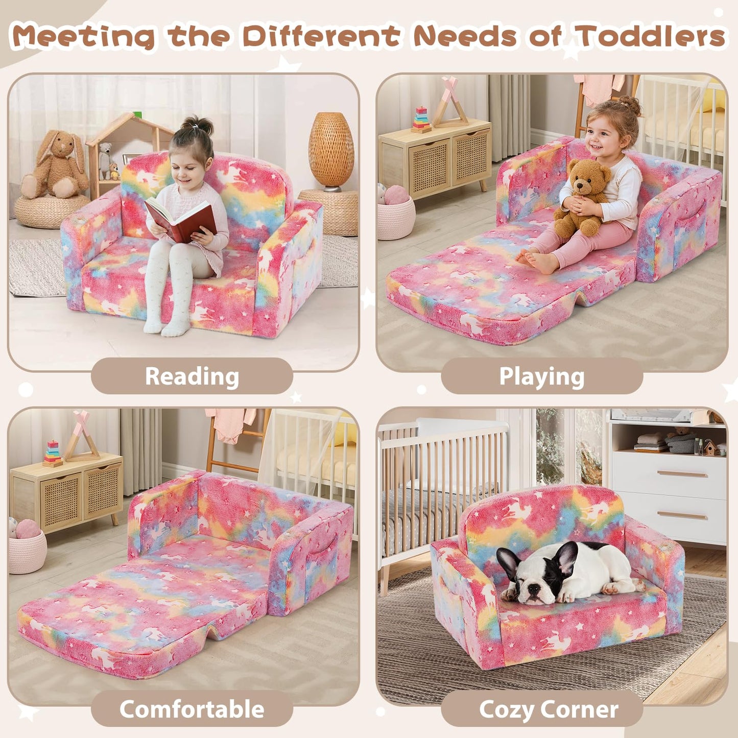 Foryoomi Extra Wide Kids Couch, Kids Sofa, Toddler Sofa, Glow in The Dark, 2-in-1 Soft Toddler Couch with Blanket and Pillow, Pink