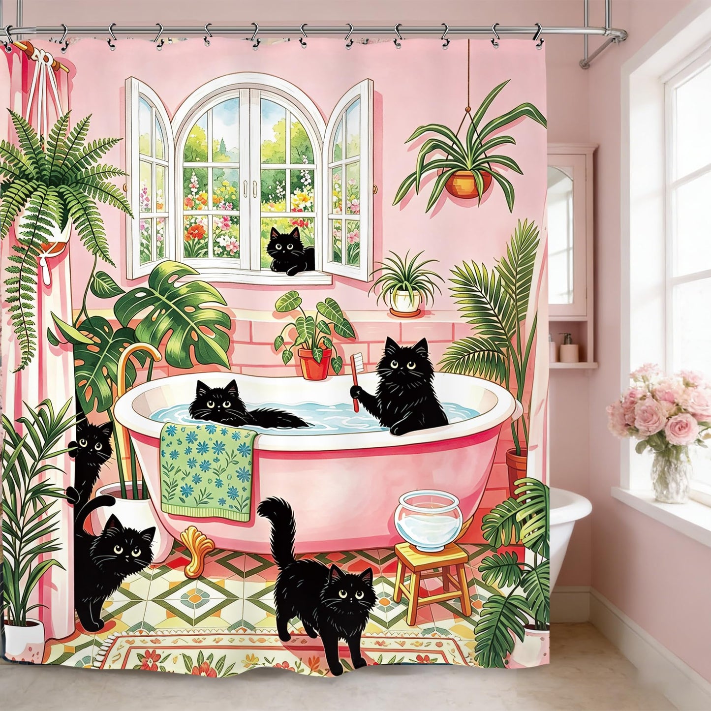 Kalmico Funny Black Cat Cute Shower Curtain 60Wx72L Inch Tropical Pink Green Lovely Kitten Botanical Bathroom Set Accessories Decor with 12 Pack Hooks