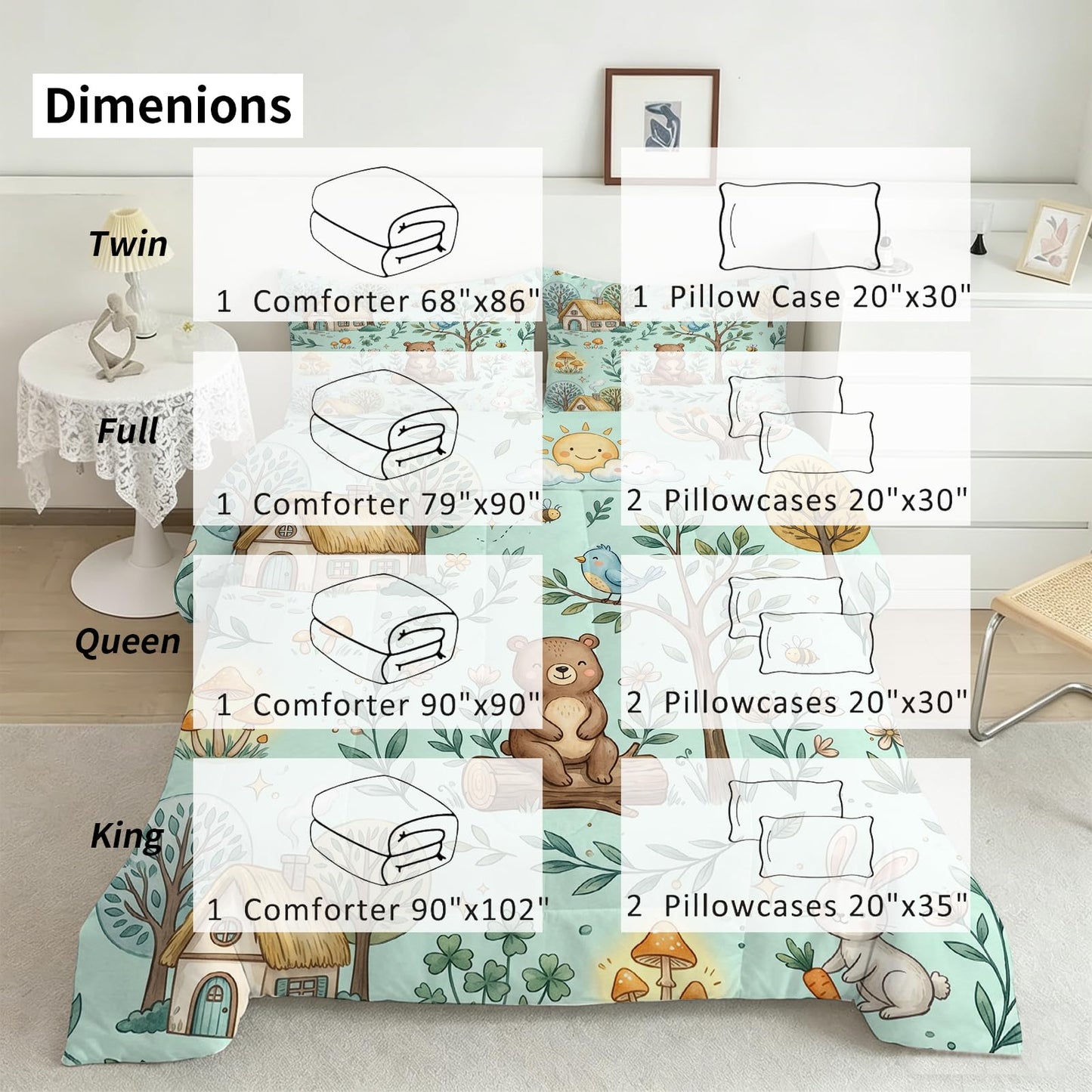 DJNEAR Cute Woodland Animal Comforter Set Twin Size, Bear and Rabbit Print for Kids Boys Girls Teens, Soft Microfiber Room Decor 1 Comforter 1 Pillowcase