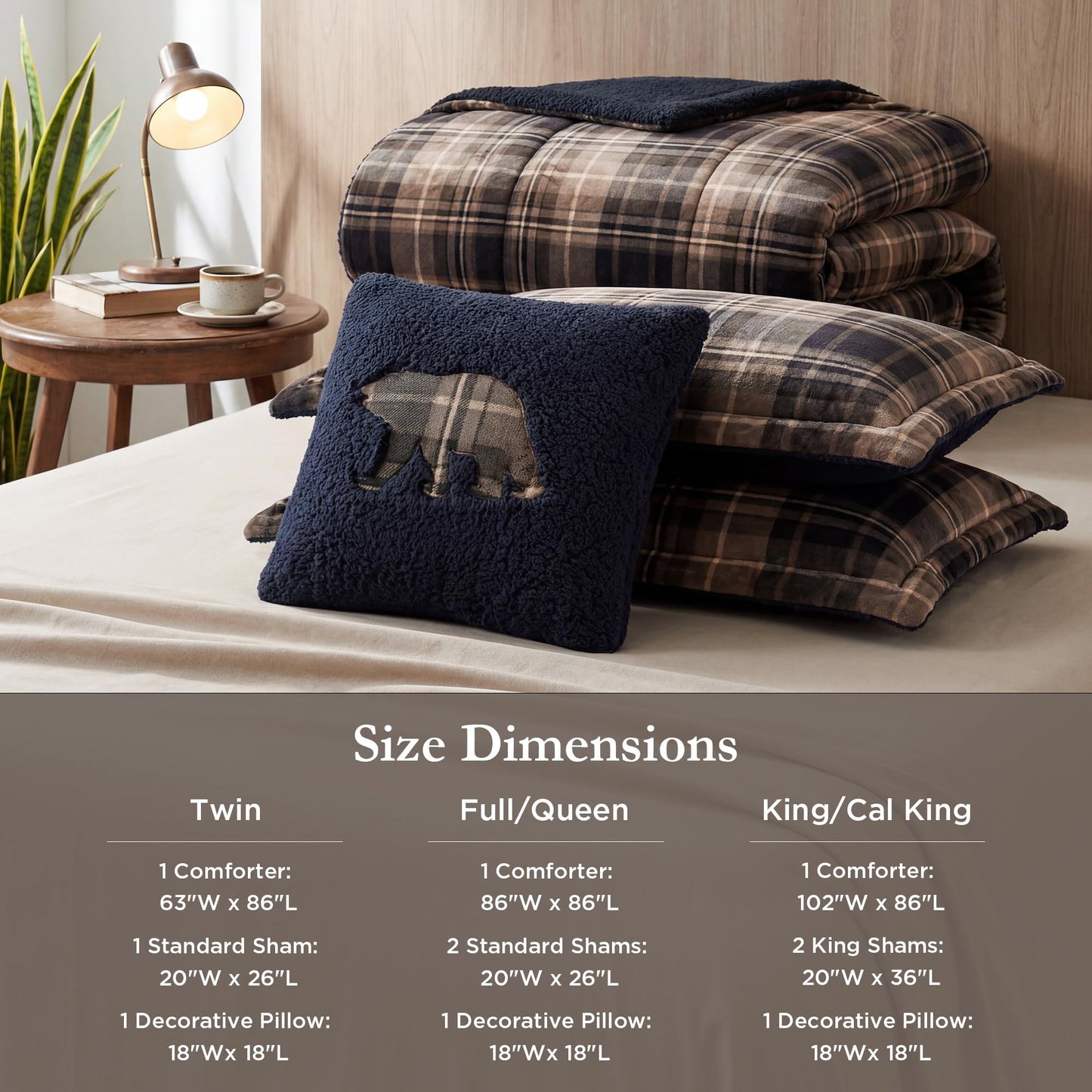 Woolrich Reversible Comforter Set Ultra Soft Plush to Sherpa, Down Alternative, Cold Weather Winter Warm Bedding, with Matching Sham, Decorative Pillow Brown/Black Full/Queen 4 Piece