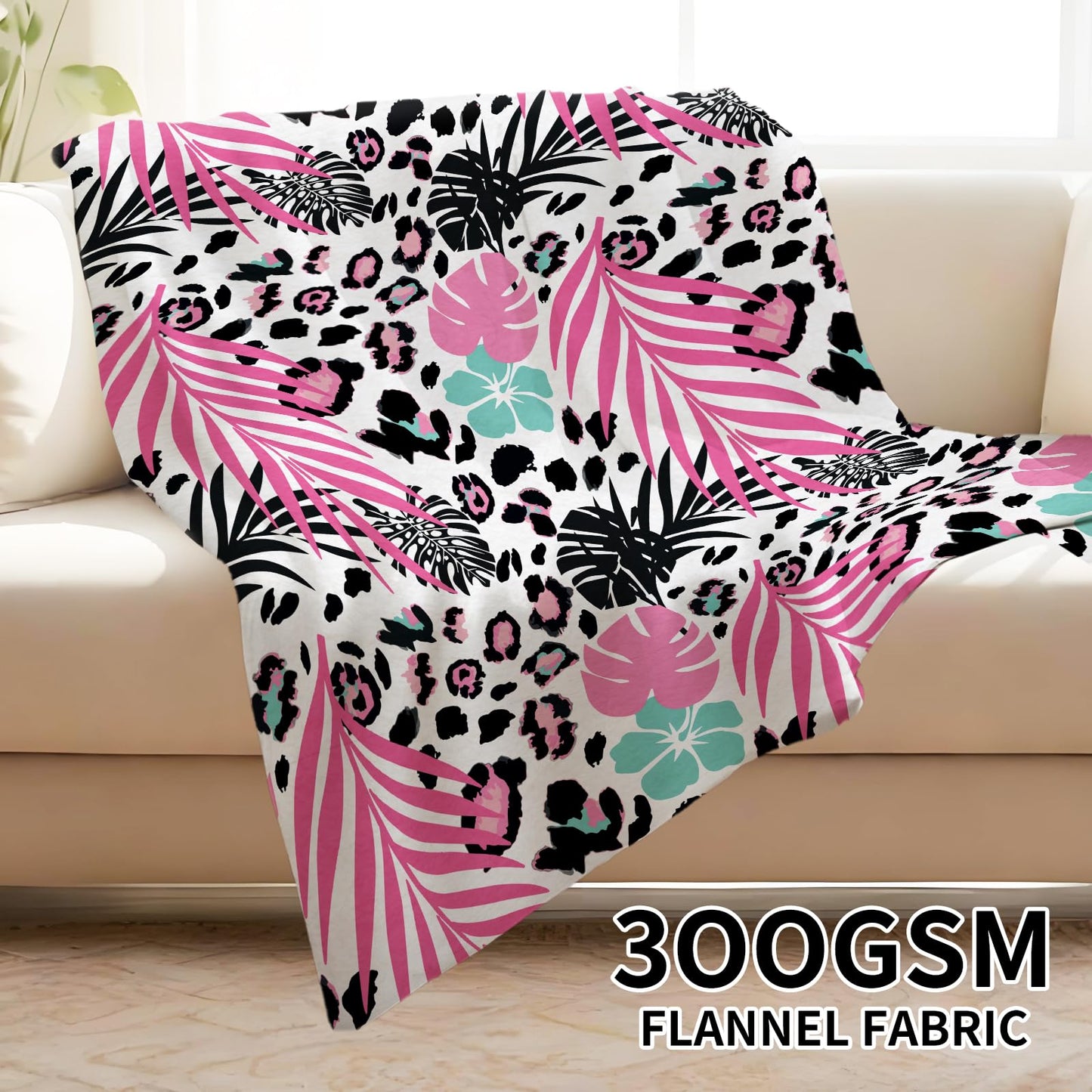 ANIOXCK Throw Blanket for Couch, 300GSM Warm Soft Cozy Flannel Blanket, Cute Blanket for All Seasons Bedroom Home Decor Gifts, Cute Leaf Leopard 50x60 Inches