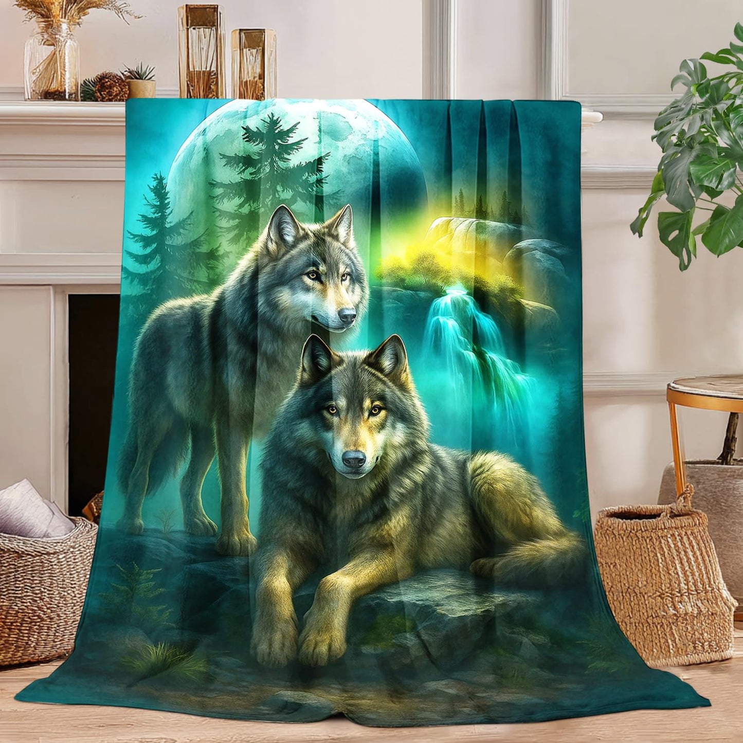 Wolf Blanket Blue-Green Wolf Fleece Throw Blanket Super Soft Fuzzy Plush Cozy Warm Wolves Decor Stuffed Bedding Blankets Gift for Boys Girls Men Women Kids & Adult 50"X40"