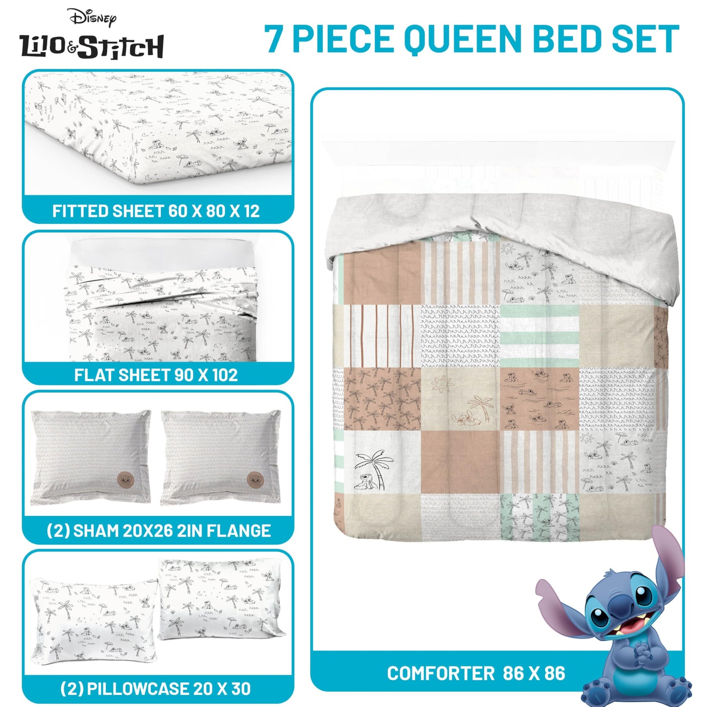 Jay Franco Kids Comforter Set Includes Sheets and Pillow Covers - Soft and Cozy Bed Set for Stylish Room Decor, Official Licensed Bedding, Multi - Lilo and Stitch, 7 Piece Queen