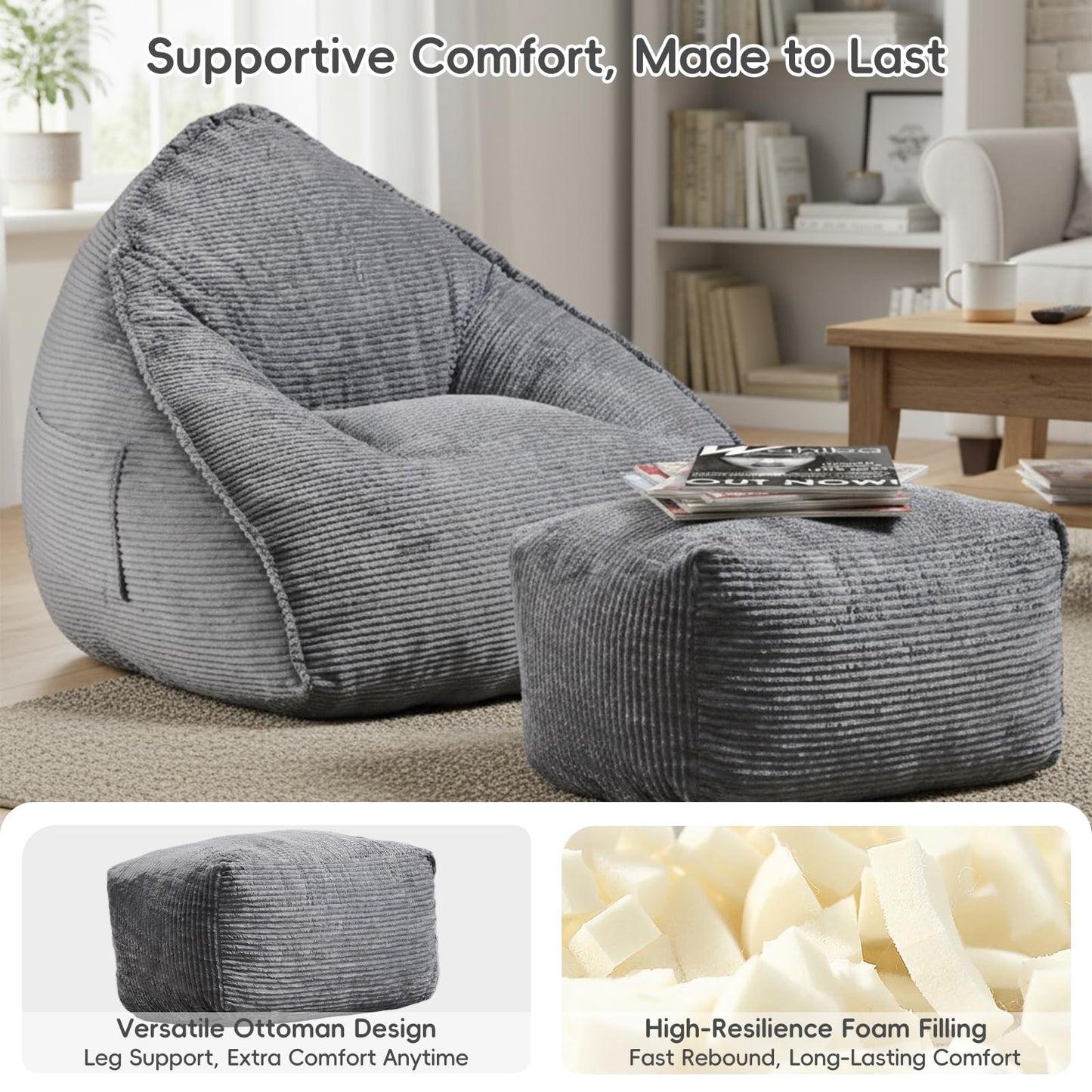 Bean Bag Chair with Ottoman for Adults, Large Corduroy Bean Bag Couch, Boneless Chaise Lounge Reading Chair with High-Resilience Foam, Floor Lounger for Bedroom Living Room (Grey)
