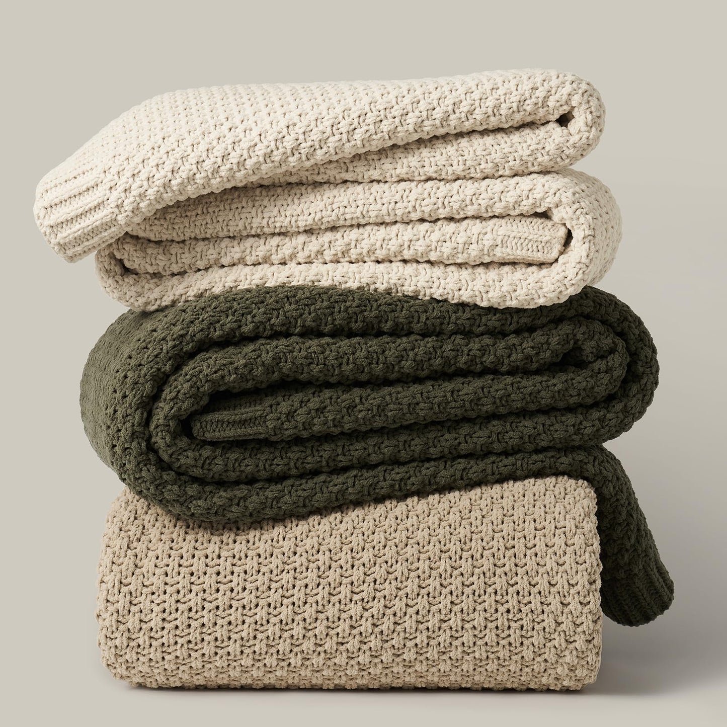 EVERGRACEHOME Chunky Chenille Knit Throw Blanket for Couch, Soft Luxurious Oversized Queen Moss Stitch Blanket for Bed, Cozy Farmhouse Knitted Throw for Sofa, Sand Dune, 90" x 90"