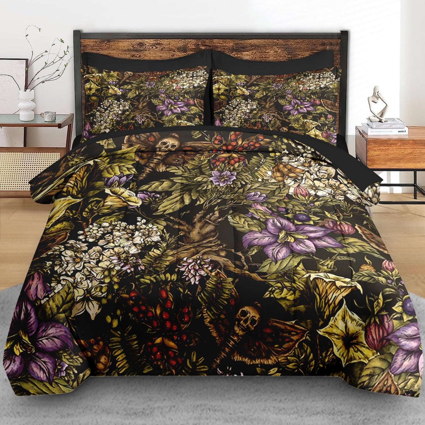 Pamnest Comforter Set Full Size, Gothic Flower Tree Plants 7 Pcs Bedding for Kids and Adults, Death Moth Green Bed Sheet Sets with Fitted Sheet 2 Pillowcases & 2 Shams for Bedroom Bed Decor