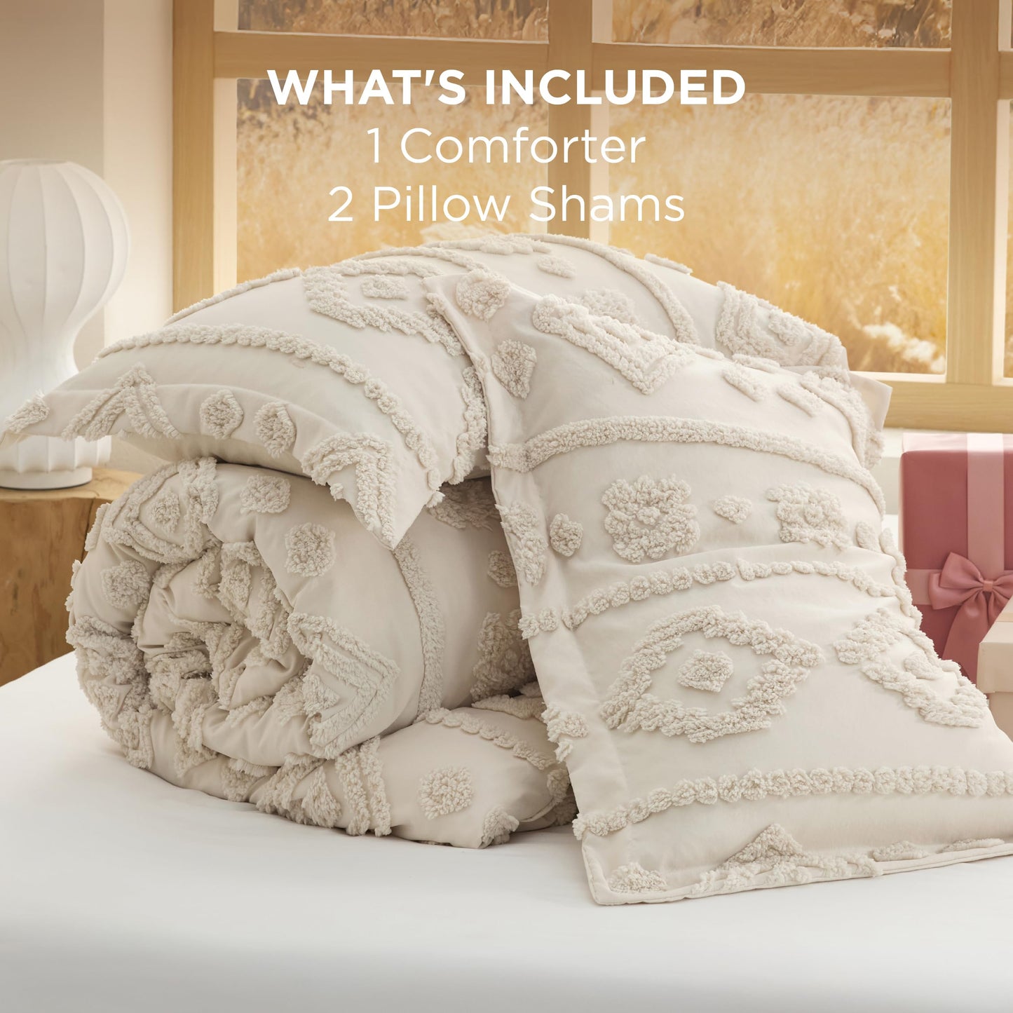 Bedsure Boho Tufted Beige Comforter King Size, GentleSoft™ 3 Pieces Boho Farmhouse-Style Decor Bedding, Exquisite Bedding for All Seasons, 1 Bed Comforter, 2 Pillow Shams, 104x90 Inches