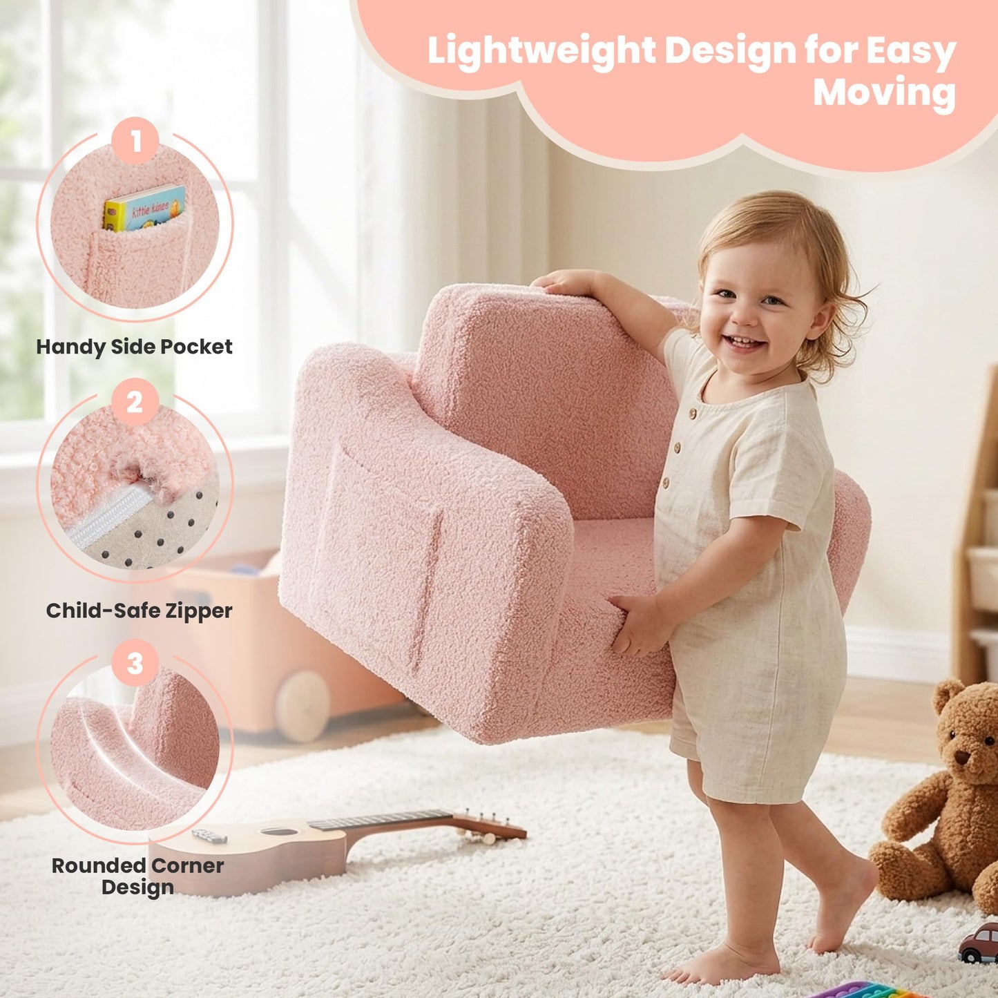 Toddler Couch 2-in-1 Fold Out Toddler Chairs, Soft Comfy Lounger with Washable Cover Pocket, Kids Sofa for Reading, Perfect for Bedroom, Playroom, Living Room, Gift for Girls Boys Age 1-3, Pink