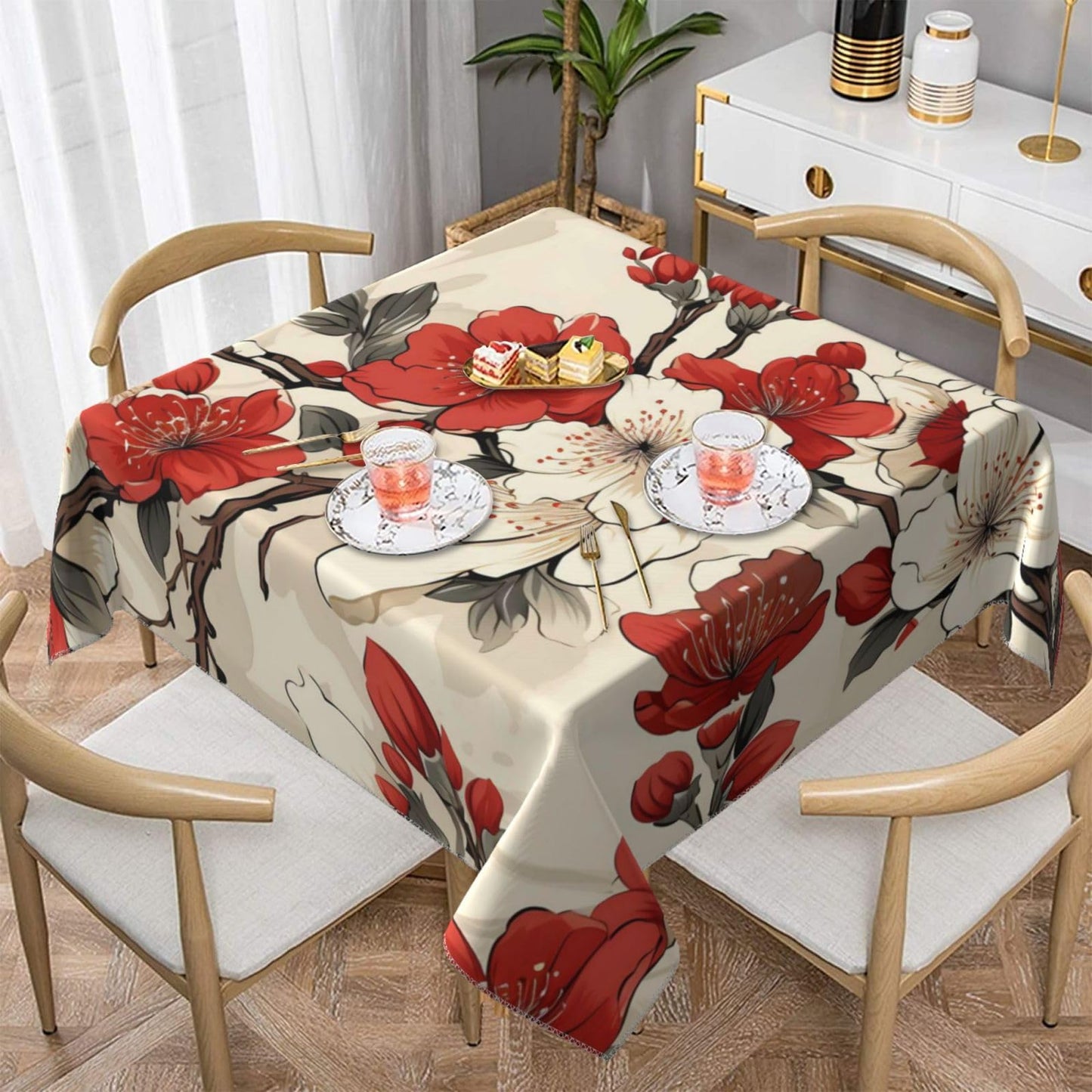 DXTKWL Table Cloth Japanese White Red Cherry Blossom Square Tablecloth 55x55 in Washable Stain Resistant Table Cover for Dining Parties Indoor Outdoor