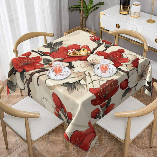 DXTKWL Table Cloth Japanese White Red Cherry Blossom Square Tablecloth 55x55 in Washable Stain Resistant Table Cover for Dining Parties Indoor Outdoor
