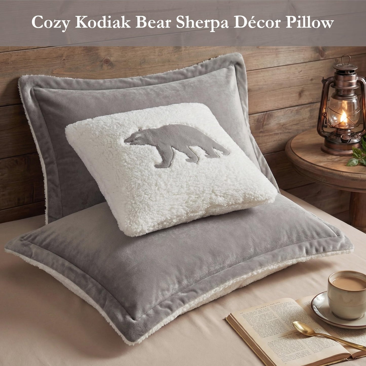 Woolrich Reversible Comforter Set Ultra Soft Plush to Sherpa, Down Alternative, Cold Weather Winter Warm Bedding, with Matching Sham, Decorative Pillow Grey/Ivory Full/Queen 4 Piece