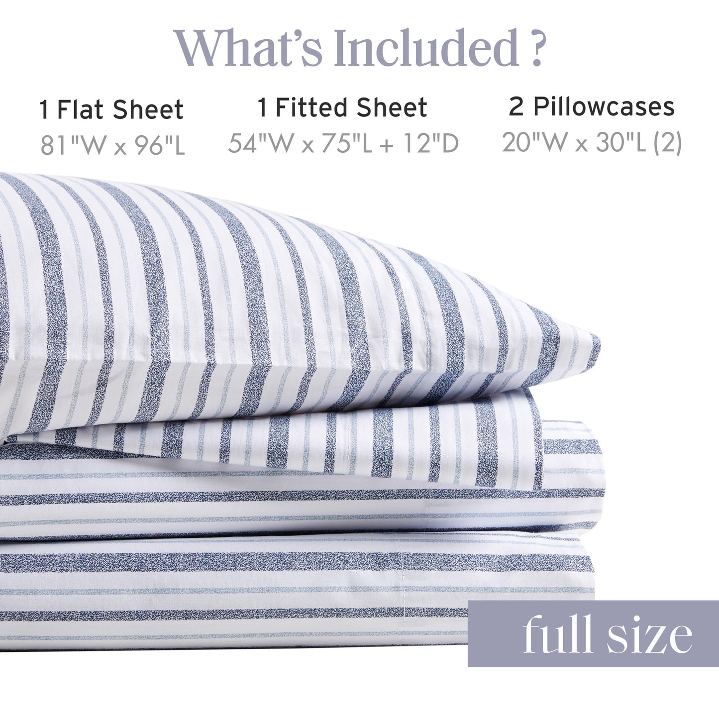 Madison Park 100% Cotton Sheets, Breathable & Soft Cotton Bed Sheets, Printed Design, Elastic Pocket Cotton Sheet Set Fits Up to 14" Mattress, All Season, Full Blue Stripes 4 Piece