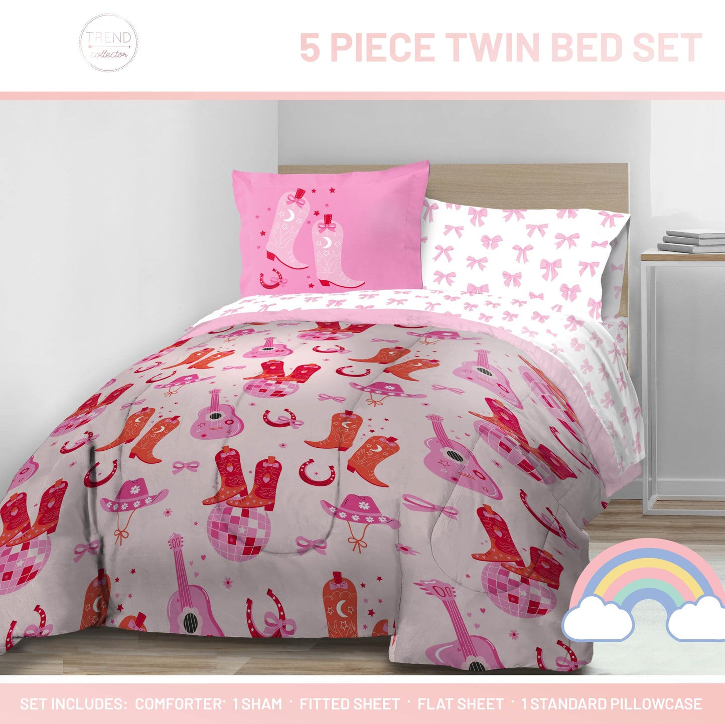 Jay Franco Kids Bed Set, Pink, Cowgirl Boots & Bows, 5 Piece Twin