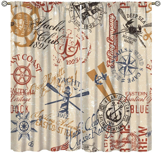 Vintage Nautical Decor Curtain, Retro Coastal Compass Lighthouse Sailboat Stamp Print Rod Pocket Window Treatments, for Bedroom Living Room Kitchen 42" W X 45" L