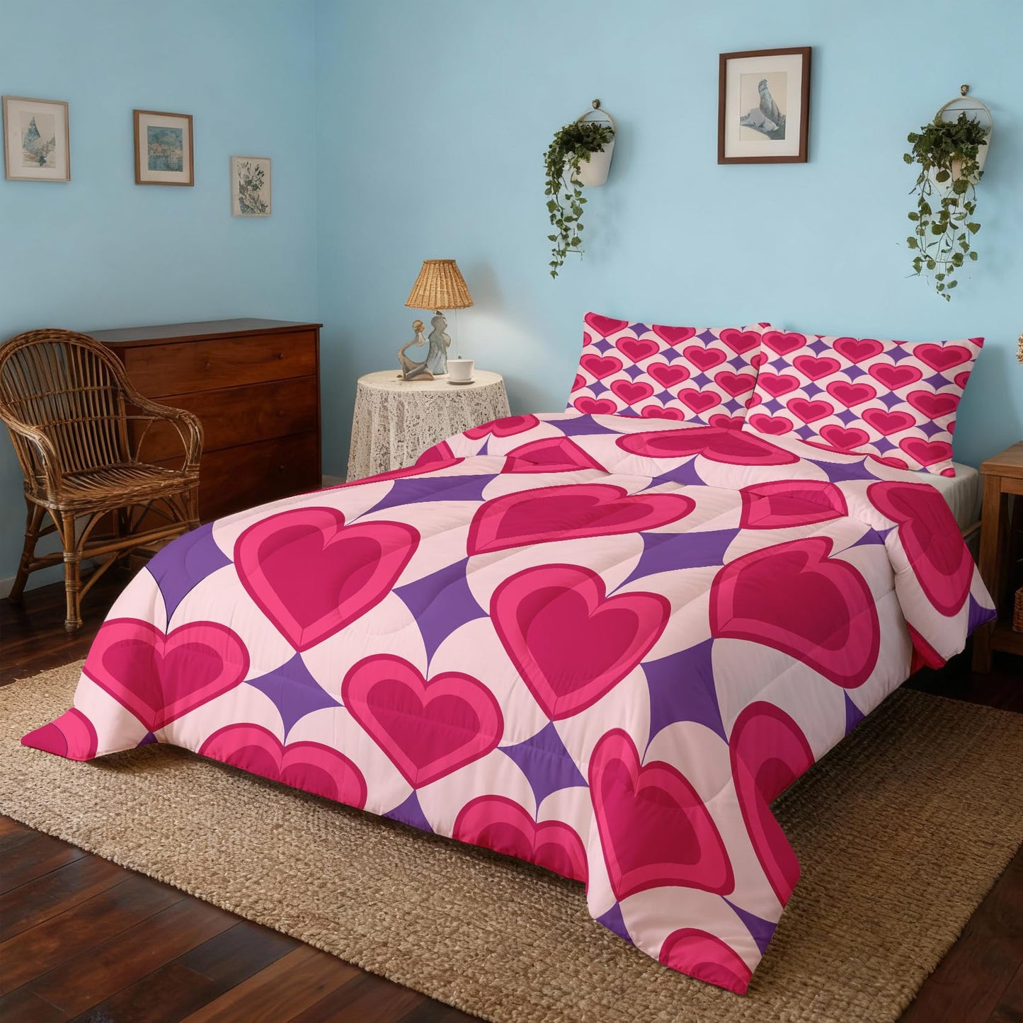 TANCAPRIUM Retro Heart Comforter Set Twin - 70s Bedding Set & 2 Pilow Cases for All Season - Soft Reversible Down Alternative 3 Piece. Retro Bedrom Decor