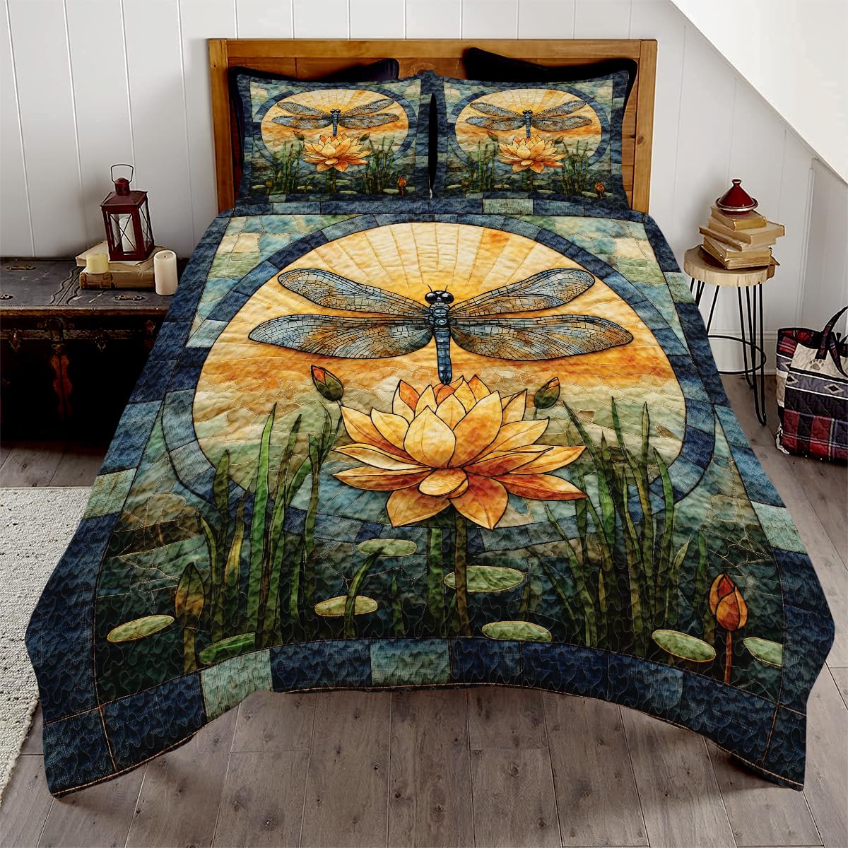 Jeminise Dragonfly Patchwork Pattern Quilt Set, Animal Style, Dragonfly Quilt Set Bedspread, Custom Patchwork Pattern Quilt Bedset, Cotton Bedding for Bedroom Girl Room