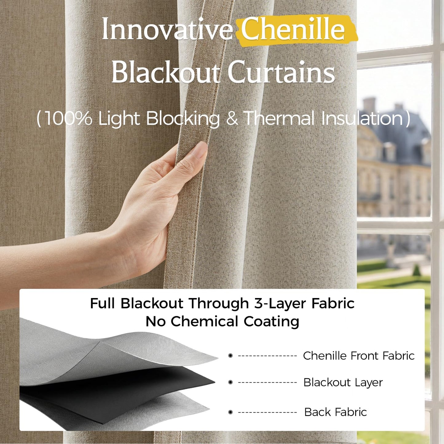 HushLoom 100% Blackout Curtains for Bedroom, Luxury Chenille Thermal Insulated Drapes for Living Room, Energy Saving Room Darkening 84 Inch Long Curtains, Grommet Top, 2 Panels, 52" W x 84" L, Khaki