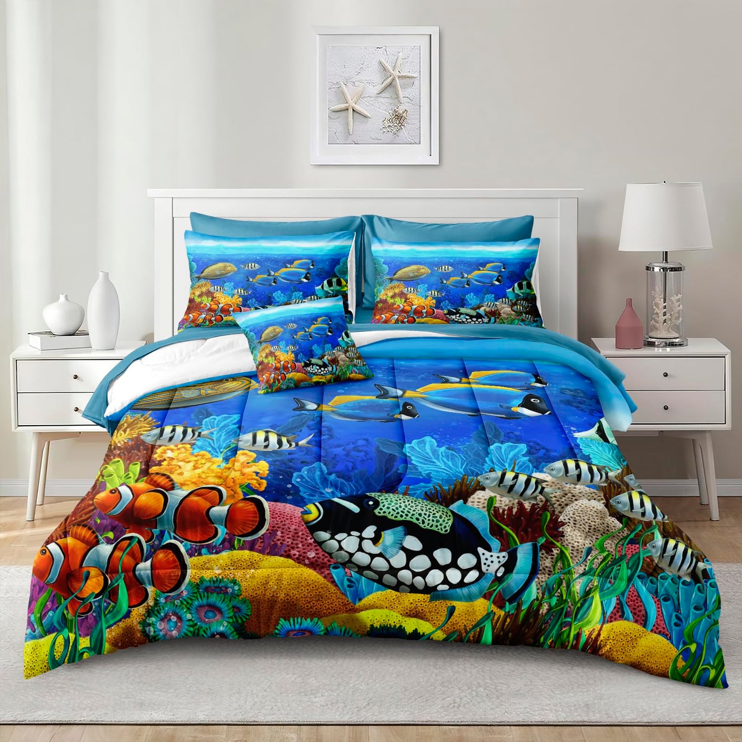 Bedding_Dreamer Ocean Queen Comforter 8 Pcs Sea Animal Tropical Fish Home Decor Sheet Set Blue Bed in a Bag with 1 Cushion Cover