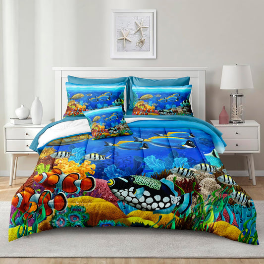 Bedding_Dreamer Ocean Queen Comforter 8 Pcs Sea Animal Tropical Fish Home Decor Sheet Set Blue Bed in a Bag with 1 Cushion Cover