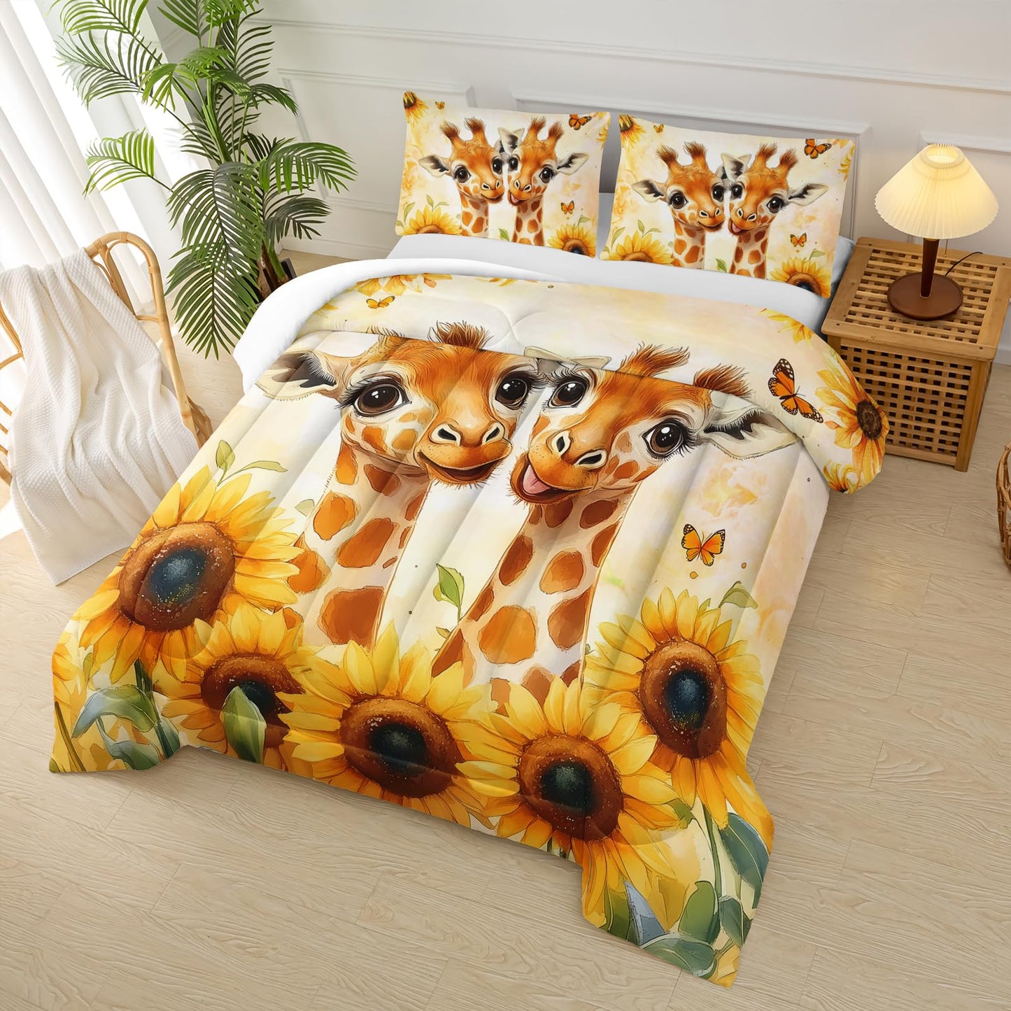 lneffble Sunflower Giraffe Comforter Set Twin Size for Girls,Yellow Giraffe Bedding Set,Flower Butterfly Print Animals Bedding Set,Wildlife Quilt Set,Leopard Pattern Bed Comforter Set