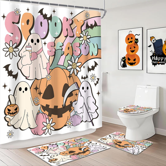 MEHOFOND Halloween Cute Ghost Shower Curtain Sets 4 Pcs Vintage Halloween Spooky Bath Curtain Set with Shower Curtains,Non-Slip Rug,Toilet Lid Cover, Bath Mat and 12 Hooks Funny Ghost Bathroom Decor