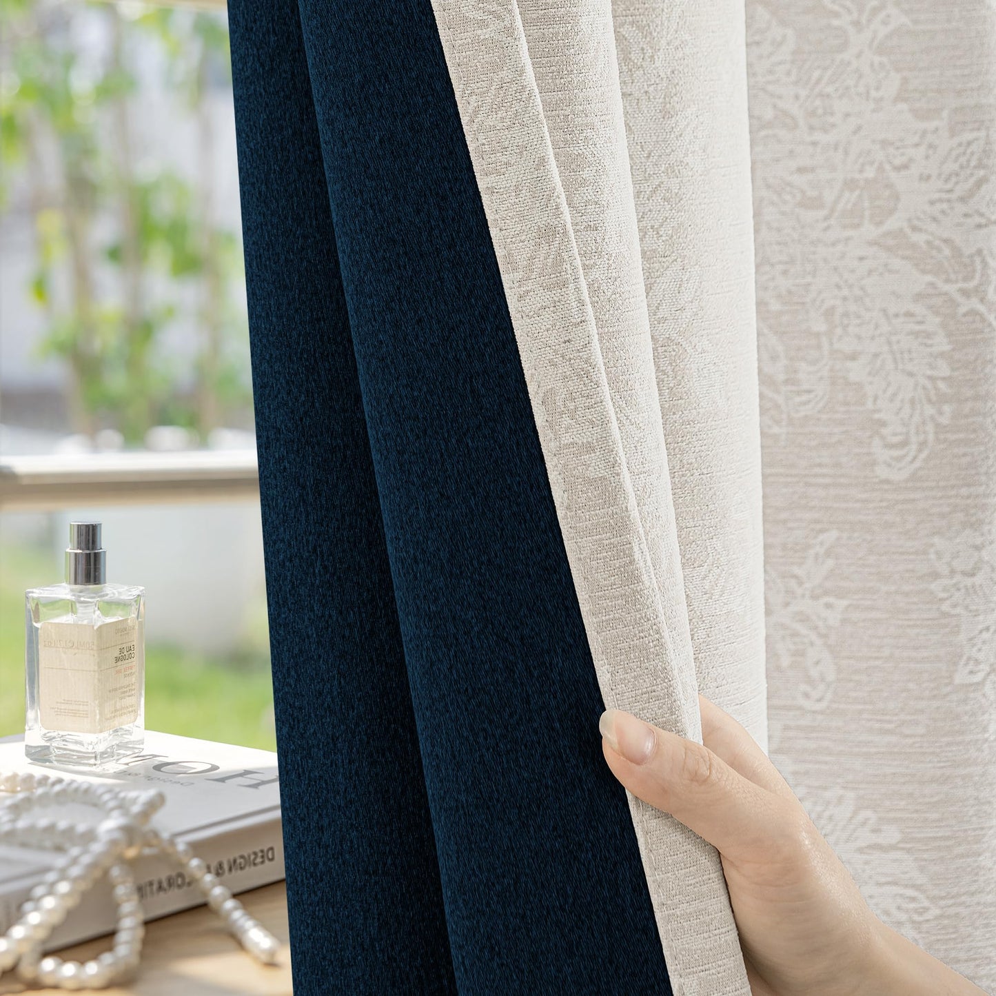 FMFUNCTEX Beige Floral Jacquard Blackout Curtains 84 Inches Long for Bedroom, Scroll Flower Chenille Farmhouse Curtains for Living Room Darkening Thermal Insulated Grommet Window Drapes 2 Panels