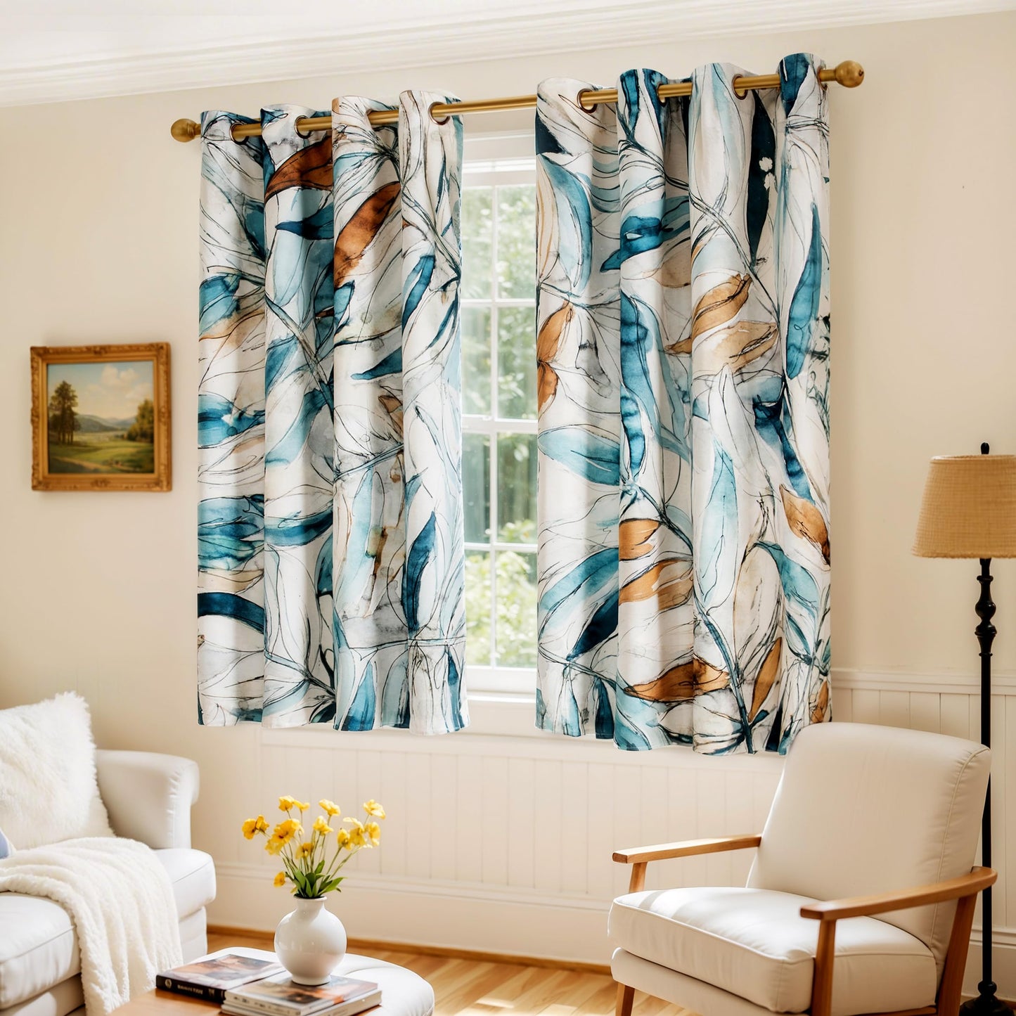 SUBRTEX Blackout Curtains 52Wx63L, Room Darkening Floral Curtains, Thermal Insulated 2 Panels Window Drapes, Boho Farmhouse Curtains for Living Room Bedroom Window Treatments, Blue