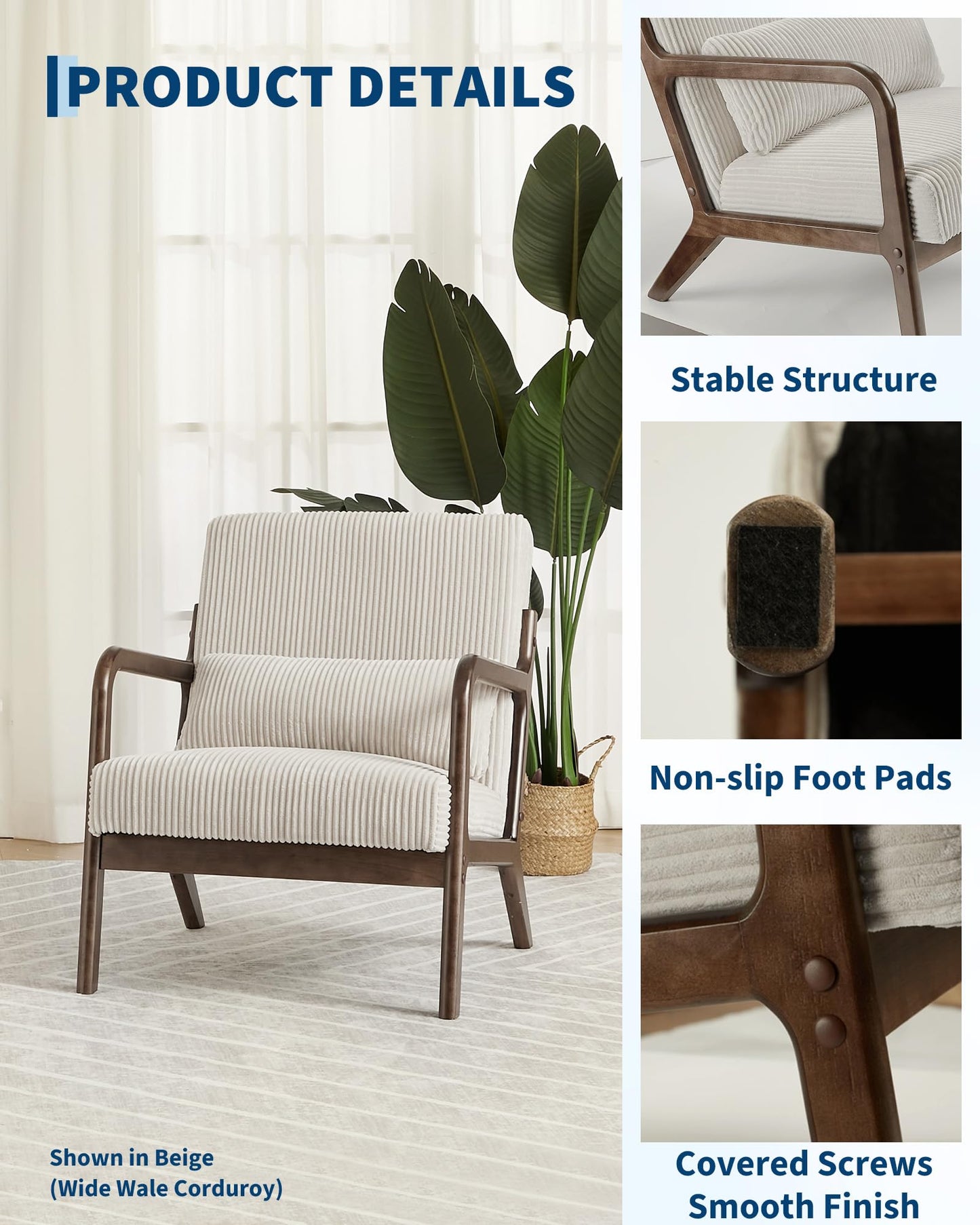 Garvee Mid-Century Chenille Accent Chair, Cozy Reading Chair, Modern Lounge Armchair with Lumbar Pillow, Solid Wood Frame, for Living Room, Bedroom, Office, Beige
