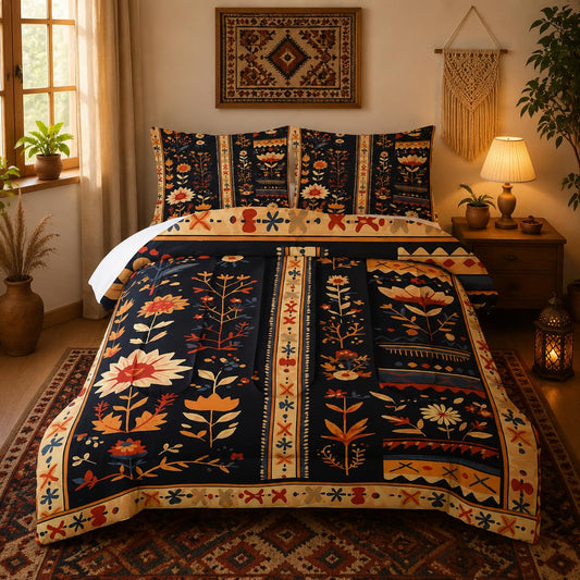 Nttopship Boho Floral Comforter Bedding Set with 2 Pillowcase Full Size Retro Dark Floral Comforter Set for Kids Boys Girls Bedroom Decor