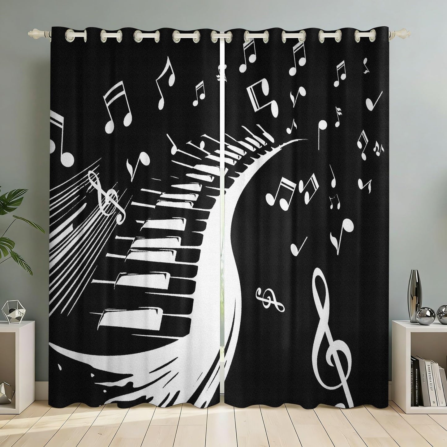 MBVZGUK Black and White Piano Keys Room Darkening Curtains, 84 Inch Long 2 Panels, Music Note Treble Clef Print Thermal Insulated Window Drapes, Light Blocking Curtain for Piano Themed Home Decor